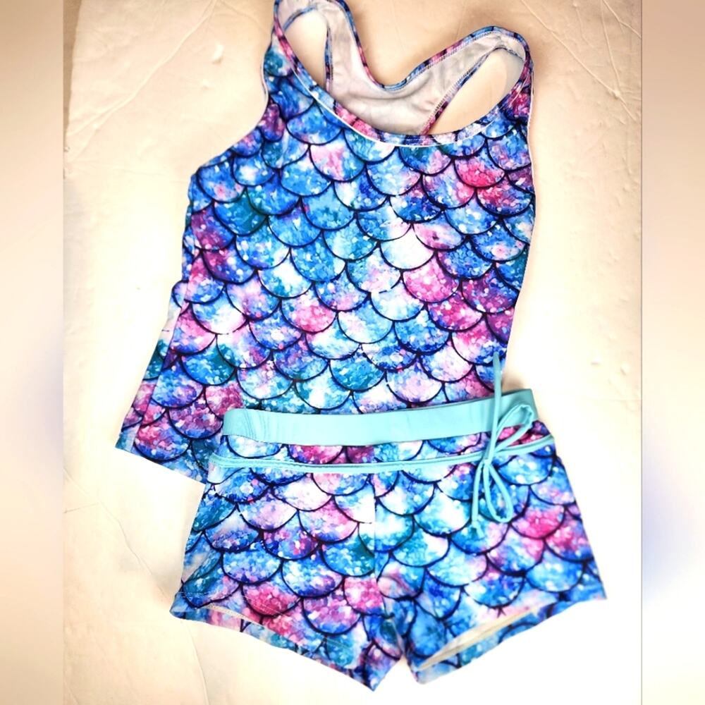 New Girl's‎ Mermaid 2 Piece Swimsuit 232 Tankini Purple Blue Swimsuit Size L